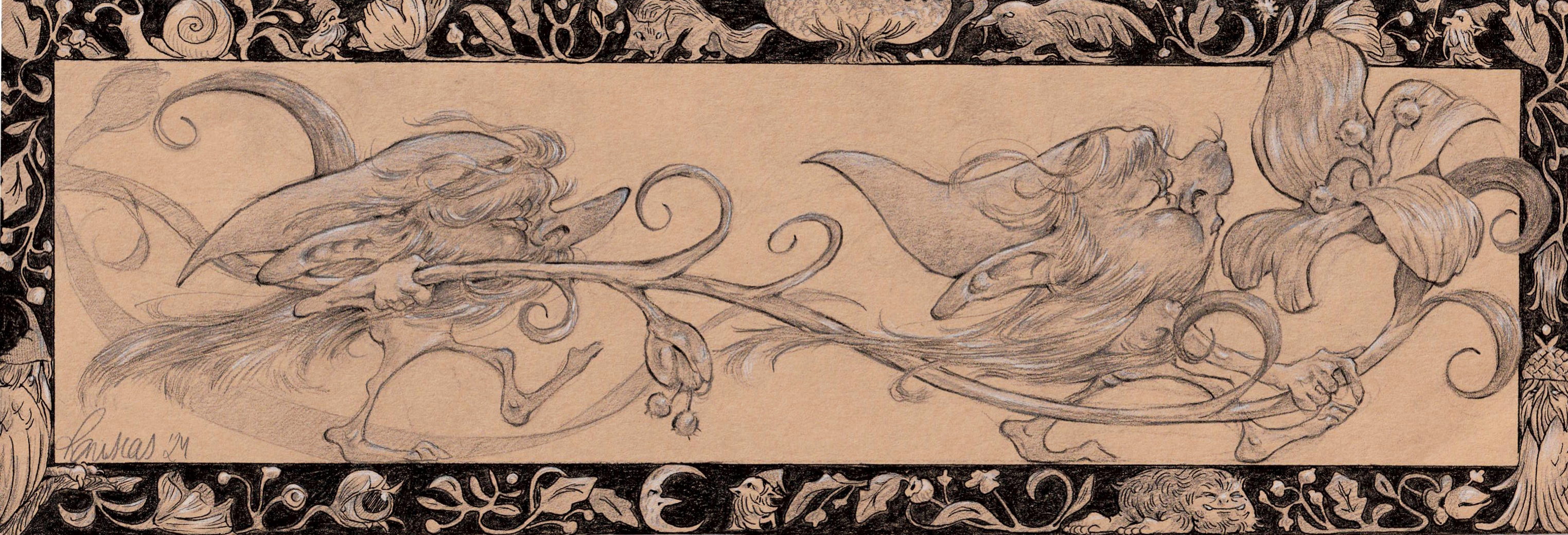 Moon parade of the flowers (2024), graphite, black and white pencil on cardboard, 9 x 23 cm